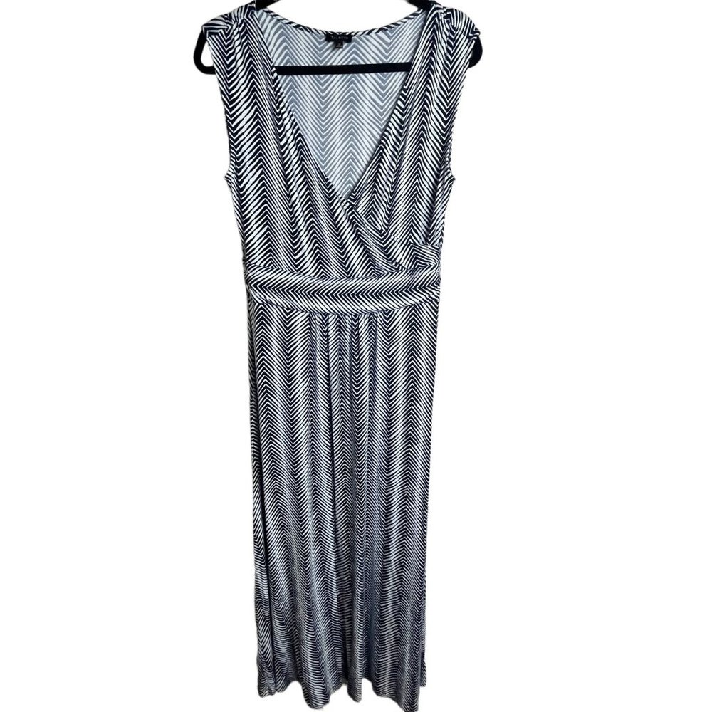 Talbots Sleeveless Chevron Stripe Maxi Dress Stretch Navy Blue White Size Medium